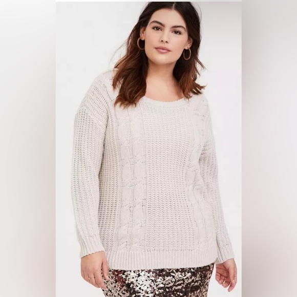 Ivory Cable Pullover Keyhole Tie Back Sweater - Picture 5 of 6